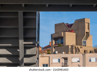 Under Stairs,  Framed Brutalism Building. Cityscape.