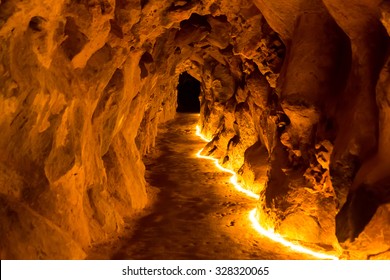 Underground Cave With Artificial Lights Down