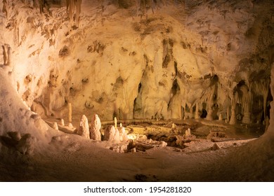 Underground caves with stalactites and stalagmites formations into the Frasassi Caves (Grotte di Frasassi), Marche, Ancona, Italy