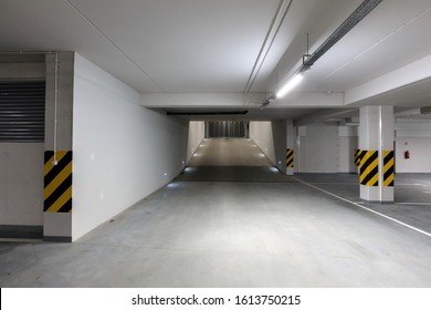 Underground Empty Parking Garage. Gate And Gateway. Modern Urban Space. Wide Angle