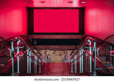 Underground escalators leading to a large blank mockup screen at the bottom illuminating with red ambient lighting. Ideal for showcasing advertisements or custom graphics. Downward arrow indicator - Powered by Shutterstock