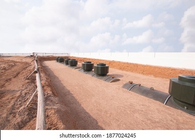 Underground Fuel Tank Installed On Site Used In Gas Stations. Large Tank For Storage Of Petroleum Products. Digging Into The Soil.