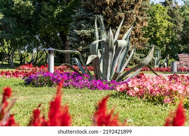 Underground House Of Gnomes, Chimney Pipe From Above On A Flower Bed In A City Park