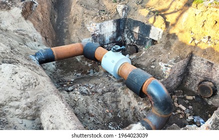 Underground Large Gas Pipe Line And Valve Fixed In Trench