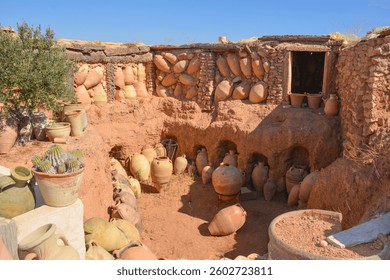 An underground pottery workshop. A vast array of pottery and terracotta items displayed outdoors in a workshop pit. A pottery market in Guellala, the village of potters in Tunisia.