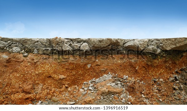 underground soil layer of cross section earth,\
erosion ground with concrete on\
top