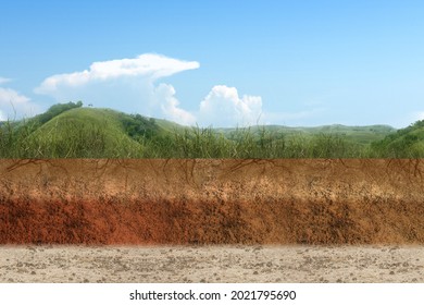 Underground Soil Layer Of Cross-section Earth With Grass On The Top With Hills View Background