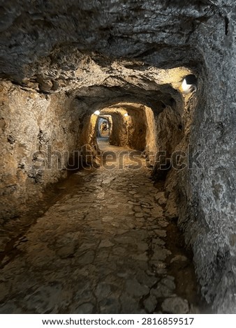 Underground stone tunnel with a rustic cobblestone pathway and warm lighting, creating a mysterious and historic atmosphere.