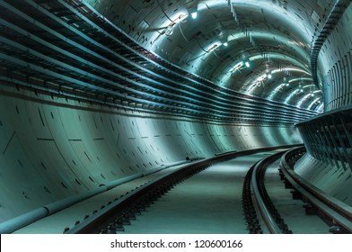 Underground tunnel and blue lights angle shot