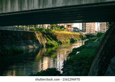 underneath a bridge spanning a small stream