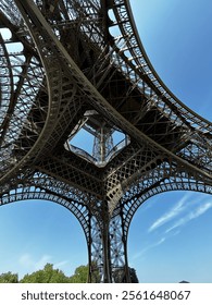 Underneath the Eiffel Tower looking up 