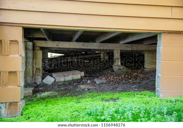 Underneath a house cabin structure foundation\
cinder block crawl space support system architecture wood\
construction\
carpenter