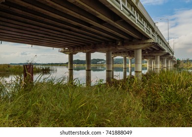 Underside of highway bridge spanning a river with tall grass and reeds under a blue sky with white clouds.