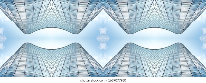 underside panoramic and perspective view to steel blue glass high rise building skyscrapers, business concept of successful industrial architecture
