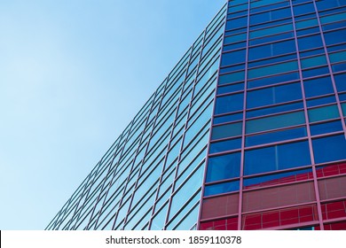 underside panoramic and perspective view to steel blue glass high rise building skyscrapers, business concept of successful industrial architecture