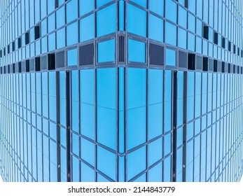 underside panoramic and perspective view to steel blue glass high rise building skyscrapers, business concept of successful industrial architecture