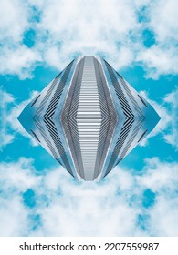 underside panoramic and perspective view to steel blue glass high rise building skyscrapers, business concept of successful industrial architecture