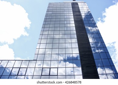 Underside panoramic and perspective view to steel glass high rise building skyscrapers, business concept of successful industrial architecture