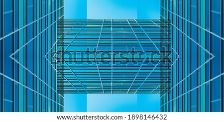 underside panoramic and perspective view to steel blue glass high rise building skyscrapers, business concept of successful industrial architecture