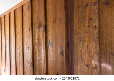 The Underside Of Stained Heart Pine Used As An Accent Wall In A 1970's Mid Century Modern House.