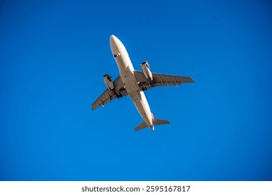 Underside view of an airplane flying through the sky, showcasing aviation technology, flight path, and the freedom of air travel. High quality photo