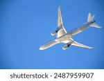 Underside view of a commercial airplane soaring through a clear blue sky