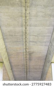 Underside view of a concrete bridge structure with a central pipe and supporting cables
