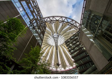 Underside view on sail roof structure inside Sony Center at Potsdamer Platz, Berlin, Germany