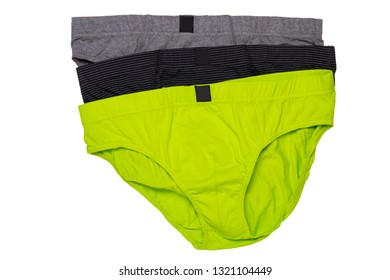 Underware Isolated. Close-up Of Three Colorful Male Underware Or Underpants Isolated On A White Background. Clothing For Men.