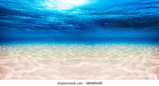 underwater blue ocean wide panorama background and sandy sea bottom