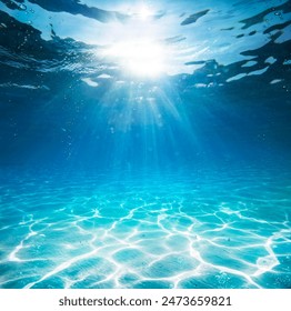 Underwater In Blue Sea - Deep Water Abyss With Abstract Sunshine - Powered by Shutterstock