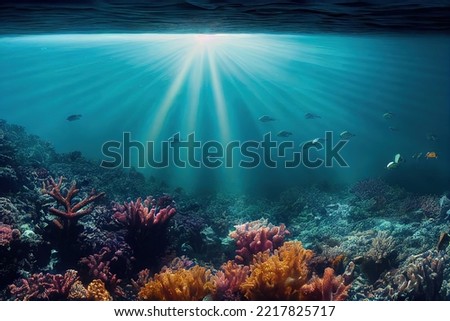Underwater coral reef background. Deep sea or ocean wildlife ecosystem with seaweed and tropical fish. Undersea depth landscape under sunlight beam