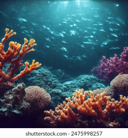 Underwater, coral reefs with schools of fish swimming, bioluminescence , high dynamic range photorealistic - Powered by Shutterstock