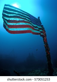 Underwater Flag On The USCG Duane In Key Largo