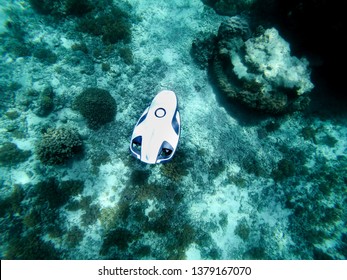 Underwater Hands Free Drone Explore The Seabed. For Use By Boaters, Scuba Divers And In Underwater Exploration. Future Technology.