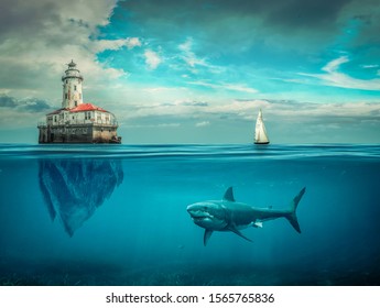 Underwater House With A Huge Shark Photo Manipulation/Boat/Seawater