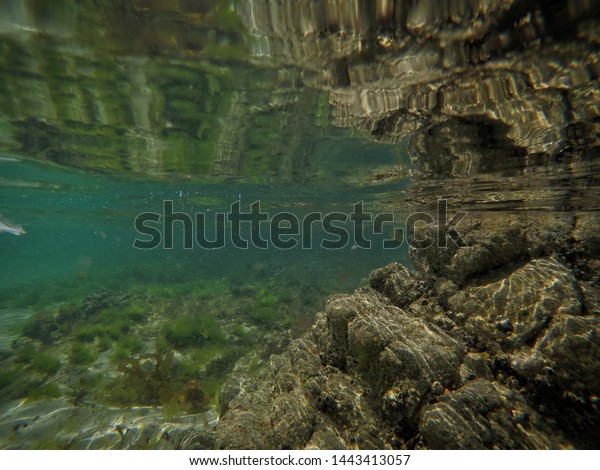 underwater image on a beach with reflection on the\
surface of the sea