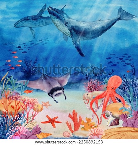 Underwater landscape with coral reef, mana rays, fish and shells. Seascape,  illustration. Ocean water scene with two humpback whales. The bottom of the ocean in the tropics.