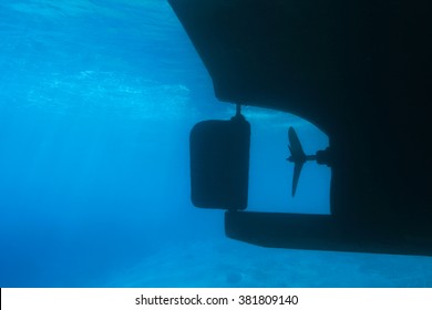 Underwater Part Of Ship With Marine Propeller And Steering Gear