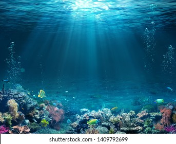 Underwater Scene - Tropical Seabed With Reef And Sunshine
