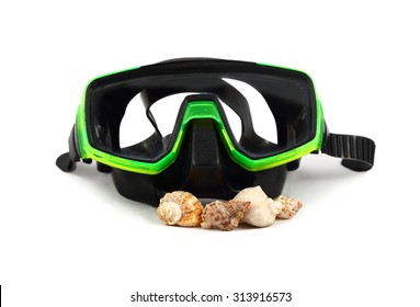 Underwater Scuba Diving Mask With Seashells On A White Background.