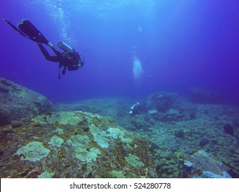 Underwater Scuba Diving Selfie Shot With Selfie Stick. Deep Blue Sea. Wide Angle Shot.