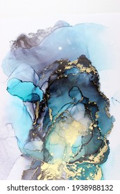 Underwater seascape liquid ink flowing colors in golden swirls and aqua, teal, black and grey. - Shutterstock ID 1938988132
