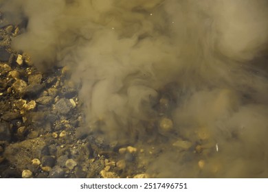 Underwater Sediment Swirling over Rocky Riverbed with Murky Water and Submerged Stones - Powered by Shutterstock