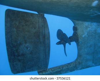 Underwater Shot Of A Boat Propeller.