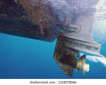 Underwater Shot Of Running Ship Propeller