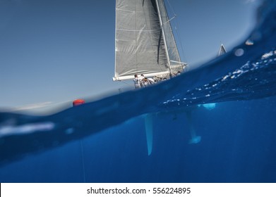 Underwater View With Rudder And Keel Of Sailing Boat