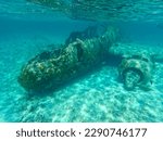 Underwater view of sunken plane near Norman’s cay Bahamas