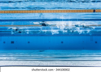 Underwater view of Unrecognizable Professional Swimmers Training into a 50m Outdoor Olympic Pool