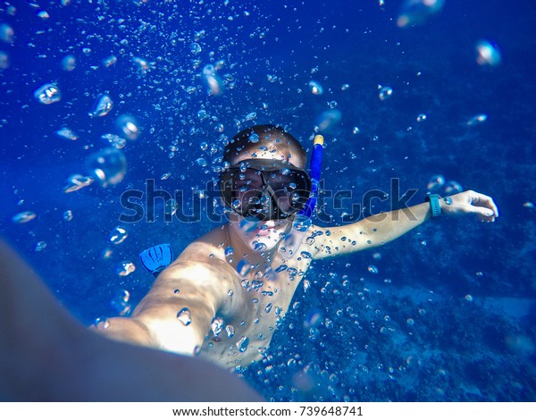 Underwater Wide Angle Selfie Muscular Swimmer Stock Photo 739648741